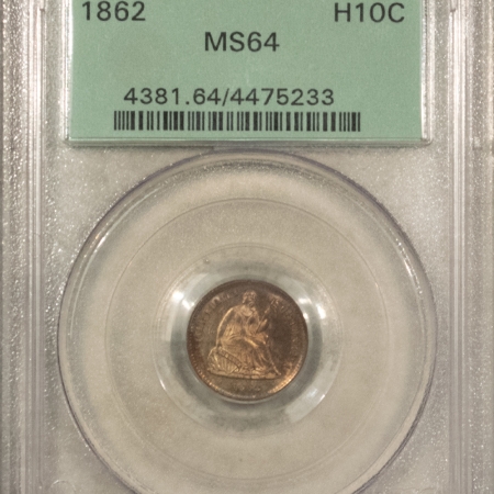 Liberty Seated Half Dimes 1862 SEATED LIBERTY HALF DIME – PCGS MS-64, OLD GREEN HOLDER & PREMIUM QUALITY!