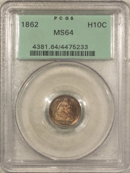 Liberty Seated Half Dimes 1862 SEATED LIBERTY HALF DIME – PCGS MS-64, OLD GREEN HOLDER & PREMIUM QUALITY!