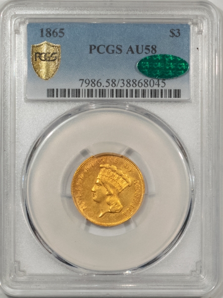 $3 1865 $3 GOLD PRINCESS – PCGS AU-58 CAC, ORIGINAL & PQ ULTRA RARE CIVIL WAR DATE!