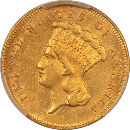 $3 1865 $3 GOLD PRINCESS – PCGS AU-58 CAC, ORIGINAL & PQ ULTRA RARE CIVIL WAR DATE!