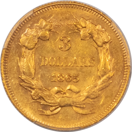 $3 1865 $3 GOLD PRINCESS – PCGS AU-58 CAC, ORIGINAL & PQ ULTRA RARE CIVIL WAR DATE!