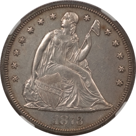 Liberty Seated Dollars 1873 $1 PROOF SEATED LIBERTY DOLLAR – NGC PF-60, OFF-WHITE, DECENT LOOK!