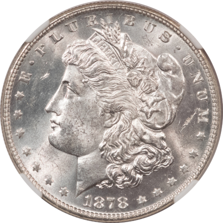 Morgan Dollars 1878 7/8TF $1 MORGAN DOLLAR, STRONG – NGC MS-63, BLAST WHITE!