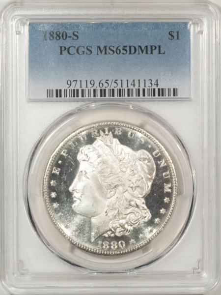 Dollars 1880-S MORGAN DOLLAR, PCGS MS-65 DMPL; BLACK & WHITE GEM W/ MONSTER CONTRAST!