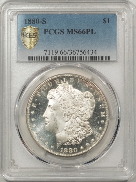 Morgan Dollars 1880-S $1 MORGAN DOLLAR – PCGS MS-66 PL, DMPL OBVERSE, BLACK & WHITE!