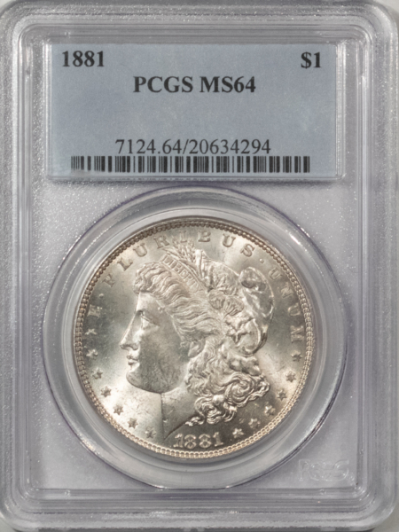 Morgan Dollars 1881 $1 MORGAN DOLLAR – PCGS MS-64, WHITE! (MINOR CHIPS ON HOLDER)