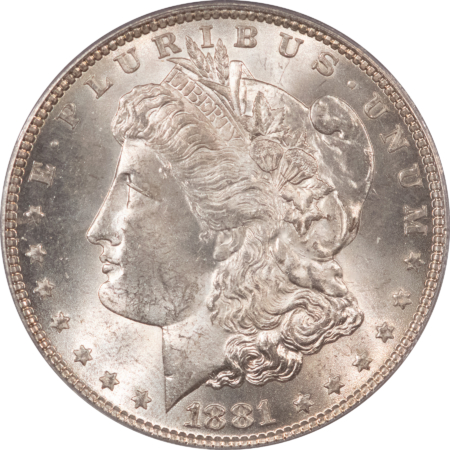 Morgan Dollars 1881 $1 MORGAN DOLLAR – PCGS MS-64, WHITE! (MINOR CHIPS ON HOLDER)