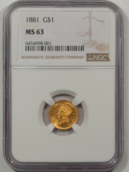 $1 1881 $1 GOLD DOLLAR – NGC MS-63, FRESH & PQ, LOW MINTAGE OF 7620