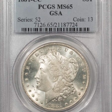 Morgan Dollars 1881-CC $1 MORGAN DOLLAR – PCGS MS-65, BLAST WHITE, CARSON CITY (GSA ON HOLDER)