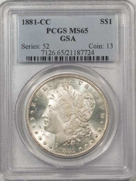 Morgan Dollars 1881-CC $1 MORGAN DOLLAR – PCGS MS-65, BLAST WHITE, CARSON CITY (GSA ON HOLDER)