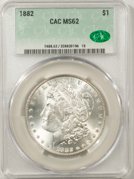 Dollars 1882 MORGAN DOLLAR, CACG MS-62, BLAST-WHITE & PQ! CAC!