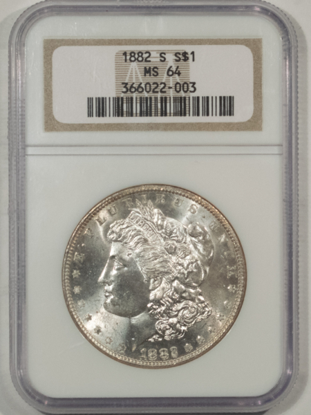 Morgan Dollars 1882-S $1 MORGAN DOLLAR – NGC MS-64, BLAST WHITE!