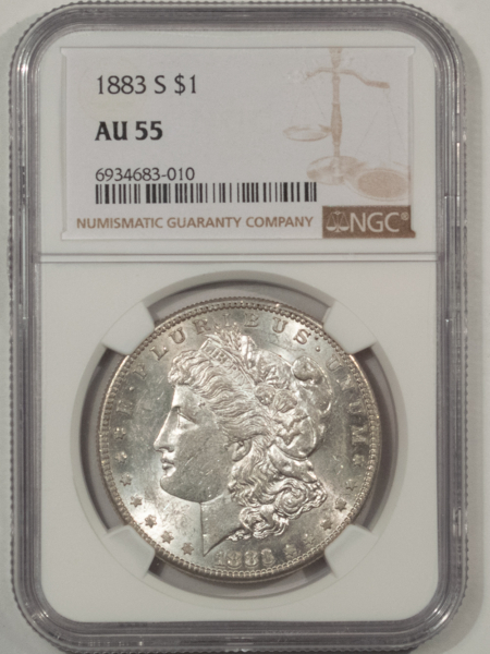 Morgan Dollars 1883-S $1 MORGAN DOLLAR – NGC AU-55, FLASHY, LUSTROUS!