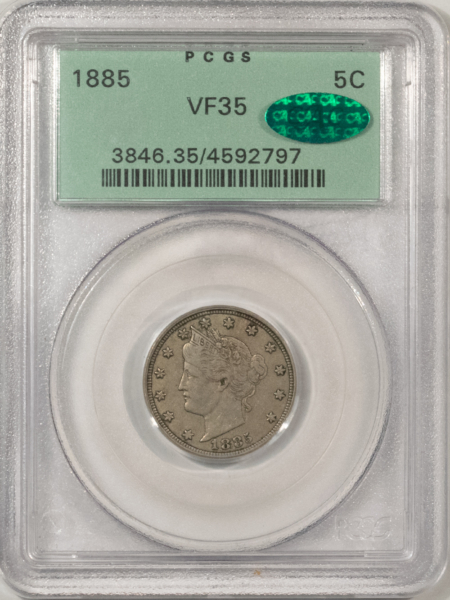 Liberty Nickels 1885 LIBERTY “V” NICKEL, PCGS VF-35, OGH & CAC; WHOLESOME ORIGINAL & LOOKS XF!