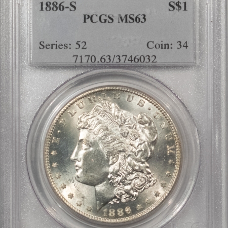 Morgan Dollars 1886-S $1 MORGAN DOLLAR – PCGS MS-63, BLAST WHITE!