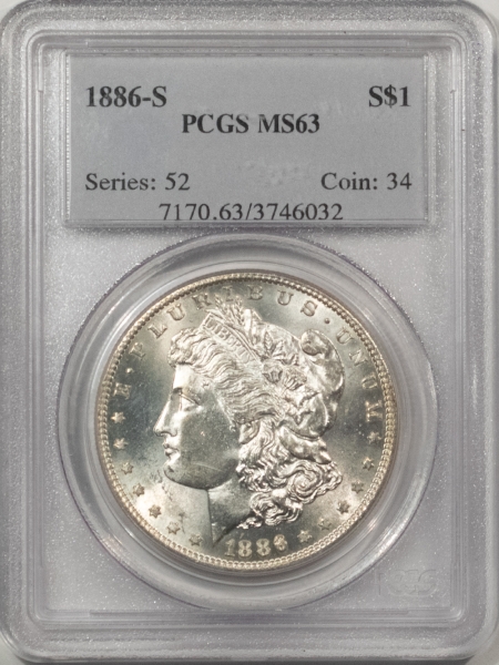 Morgan Dollars 1886-S $1 MORGAN DOLLAR – PCGS MS-63, BLAST WHITE!