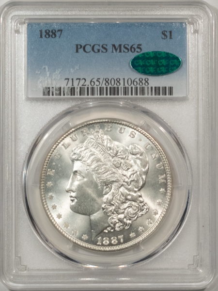 CAC Approved Coins 1887 $1 MORGAN DOLLAR – PCGS MS-65 CAC, LOOKS 66! BLAST WHITE, PREMIUM QUALITY!