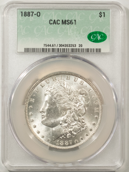 Dollars 1887-O MORGAN DOLLAR, CACG MS-61, ORIGINAL, BLAST-WHITE & PQ! CAC!