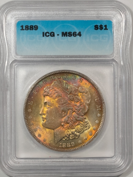 Morgan Dollars 1889 $1 MORGAN DOLLAR – ICG MS-64, PRETTY! GORGEOUS RAINBOW OBV!