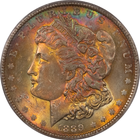 Morgan Dollars 1889 $1 MORGAN DOLLAR – ICG MS-64, PRETTY! GORGEOUS RAINBOW OBV!