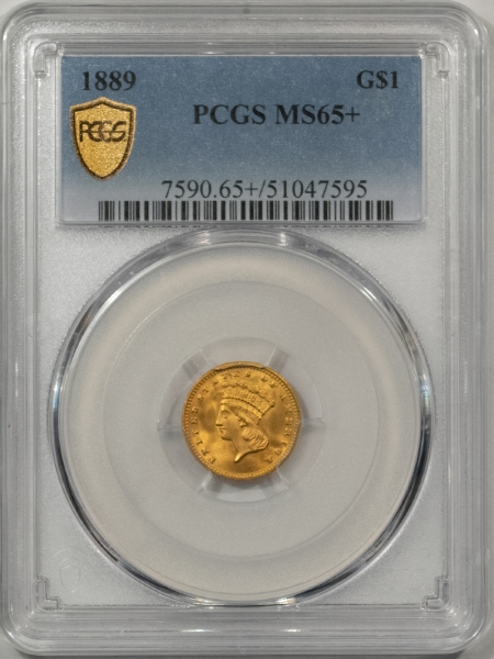 $1 1889 $1 GOLD DOLLAR – PCGS MS-65+ FRESH PQ GEM, FINAL YEAR OF ISSUE!