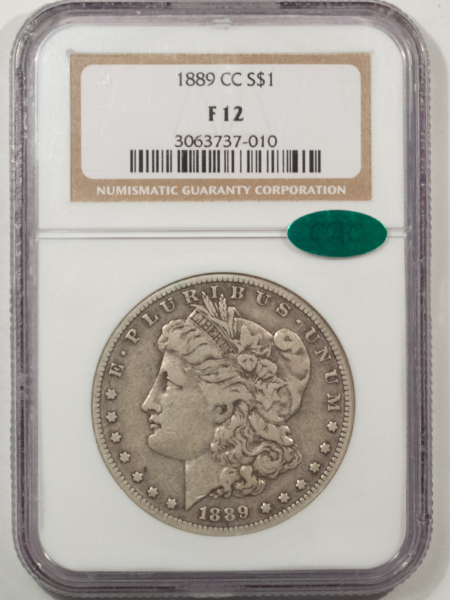 CAC Approved Coins 1889-CC $1 MORGAN DOLLAR – NGC F-12, PERFECT, PREMIUM QUALITY! CAC! CARSON CITY!