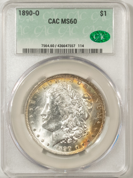 Dollars 1890-O MORGAN DOLLAR, CACG MS-60, LUSTROUS WHITE W/ PRETTY TONING & PQ-CAC!