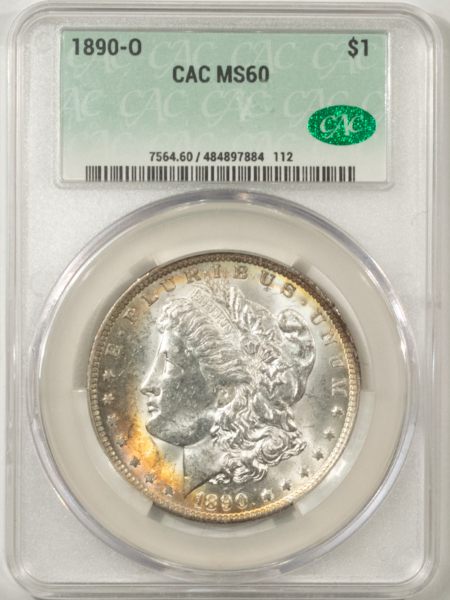 Dollars 1890-O MORGAN DOLLAR, CACG MS-60, LUSTROUS WHITE W/ PRETTY TONING & PQ-CAC!