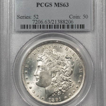 Morgan Dollars 1891-CC $1 MORGAN DOLLAR – PCGS MS-63, BLAST WHITE! CARSON CITY!