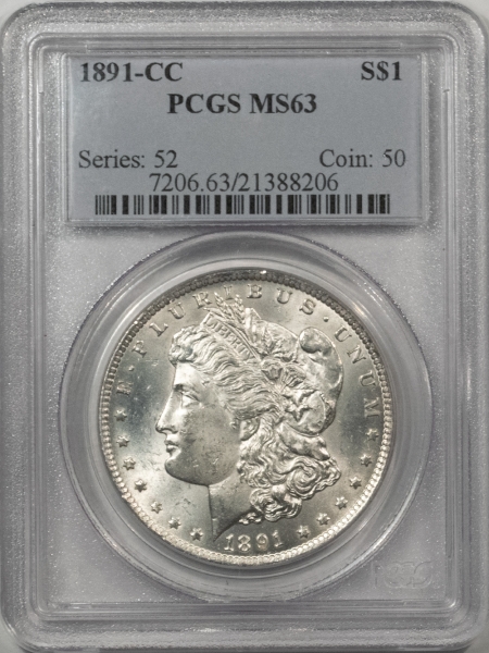 Morgan Dollars 1891-CC $1 MORGAN DOLLAR – PCGS MS-63, BLAST WHITE! CARSON CITY!