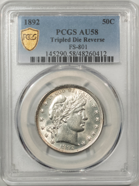 Barber Halves 1892 BARBER HALF DOLLAR, TRIPLED DIE REVERSE, FS-801 – PCGS AU-58 TOUGH VARIETY!