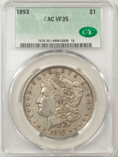 CAC Approved Coins 1893 $1 MORGAN DOLLAR – CACG VF-35, CAC! SUPER ORIGINAL & VIRTUALLY XF!