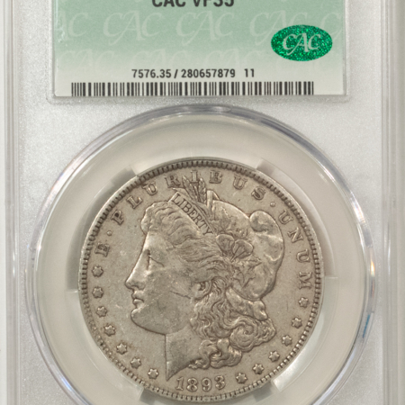 U.S. Certified Coins 1893 $1 MORGAN DOLLAR – CACG VF-35, CAC! NICE ORIGINAL TOUGH DATE!