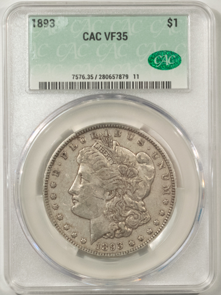 CAC Approved Coins 1893 $1 MORGAN DOLLAR – CACG VF-35, CAC! NICE ORIGINAL TOUGH DATE!