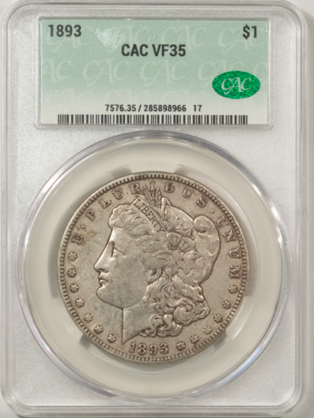 CAC Approved Coins 1893 $1 MORGAN DOLLAR – CACG VF-35, CAC! NICE ORIGINAL TOUGH DATE!