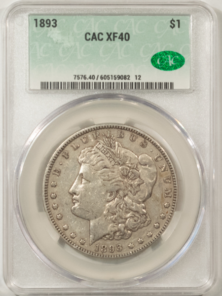 CAC Approved Coins 1893 $1 MORGAN DOLLAR – CACG XF-40, CAC! PERFECT ORIGINAL!