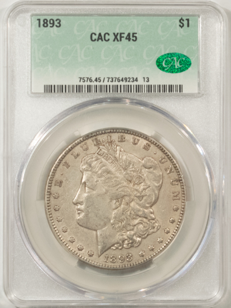 CAC Approved Coins 1893 $1 MORGAN DOLLAR – CACG XF-45, CAC! SUPER ORIGINAL & LOOKS AU!