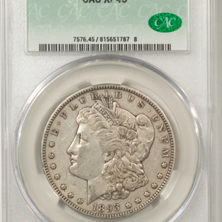 CAC Approved Coins 1893 $1 MORGAN DOLLAR – CACG XF-45, CAC! SUPER NICE, ORIGINAL W/ RETAINED LUSTER