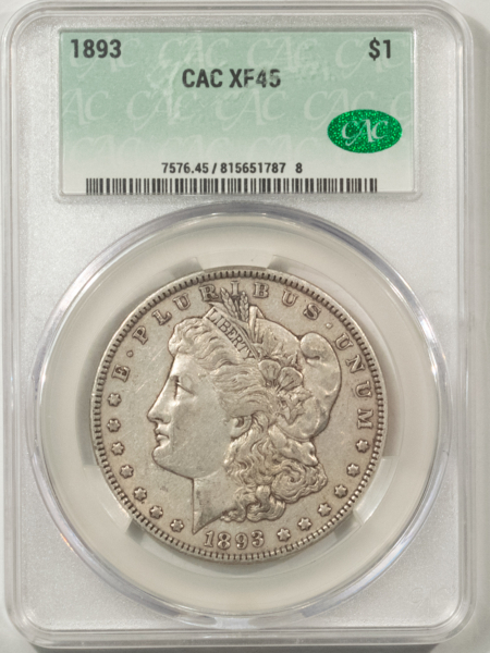 CAC Approved Coins 1893 $1 MORGAN DOLLAR – CACG XF-45, CAC! SUPER NICE, ORIGINAL W/ RETAINED LUSTER