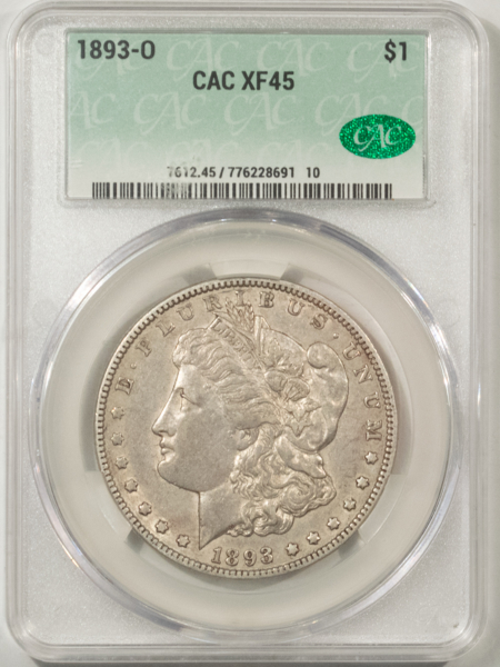 CAC Approved Coins 1893-O $1 MORGAN DOLLAR – CACG XF-45, CAC! PQ & LOOKS AU! TOUGH DATE!