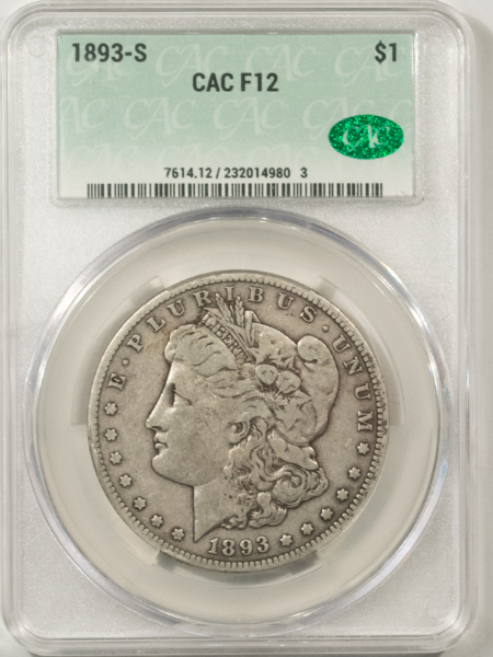 CAC Approved Coins 1893-S $1 MORGAN DOLLAR – CACG F-12, PERFECT, PREMIUM QUALITY! CAC! KEY-DATE!