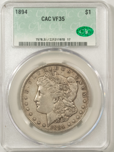 CAC Approved Coins 1894 $1 MORGAN DOLLAR – CACG VF-35, KEY-DATE & PERFECT! CAC! LOW MINTAGE!