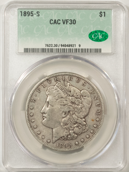 CAC Approved Coins 1895-S $1 MORGAN DOLLAR – CACG VF-30, CAC! ORIGINAL & PQ!