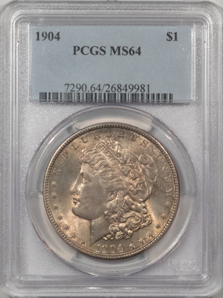 Morgan Dollars 1904 $1 MORGAN DOLLAR – PCGS MS-64, PREMIUM QUALITY! VIRTUALLY GEM! ORIGINAL!