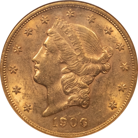 $20 1906 $20 LIBERTY GOLD DOUBLE EAGLE – NGC AU-58, SCARCE DATE, LOW 69,596 MINTAGE!