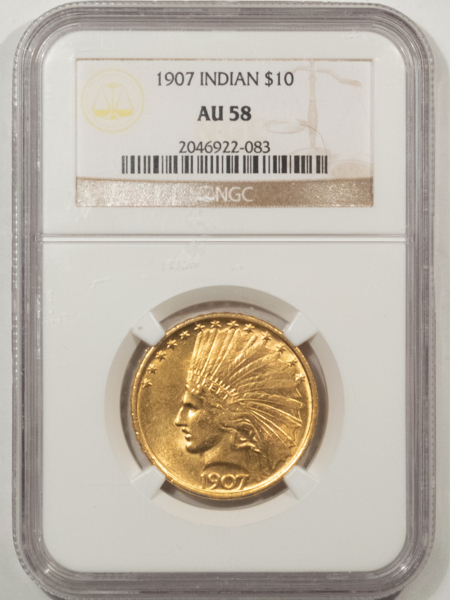 $10 1907 NO MOTTO $10 INDIAN GOLD EAGLE – NGC AU-58, FLASHY!