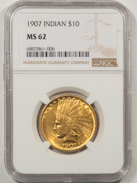 $10 1907 $10 INDIAN GOLD EAGLE, NO MOTTO – NGC MS-62, LUSTROUS!