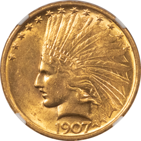 $10 1907 $10 INDIAN GOLD EAGLE, NO MOTTO – NGC MS-62, LUSTROUS!