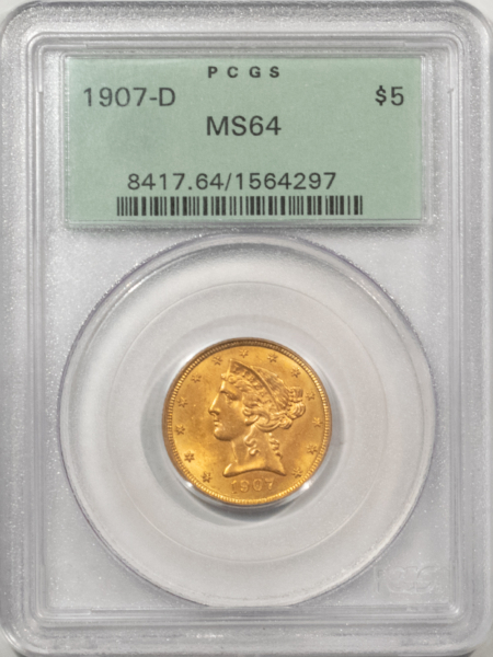 $5 1907-D $5 LIBERTY GOLD HALF EAGLE – PCGS MS-64, OLD GREEN HOLDER, FRESH!