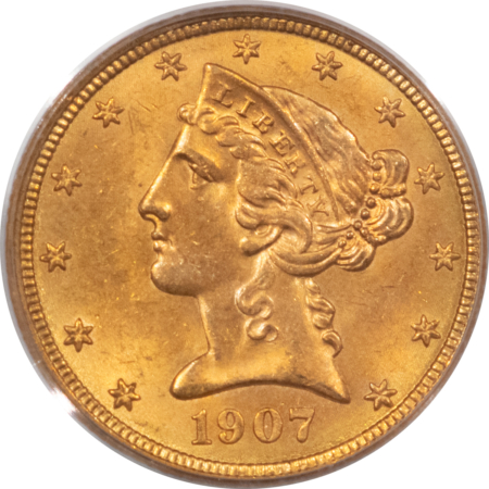 $5 1907-D $5 LIBERTY GOLD HALF EAGLE – PCGS MS-64, OLD GREEN HOLDER, FRESH!